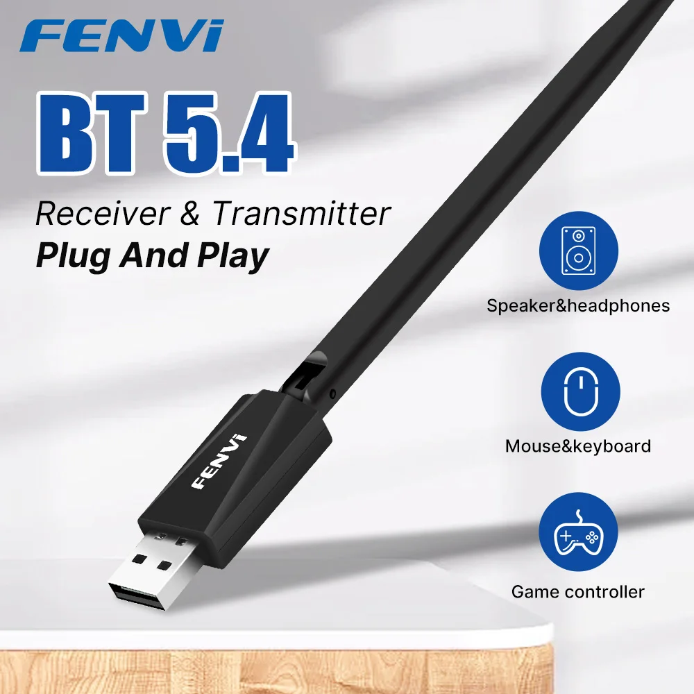 Fenvi USB Bluetooth 5.4 Adapter Dongle Free Driver for PC Wireless Mouse Keyboard Music Audio Receiver Transmitter Windows10/11