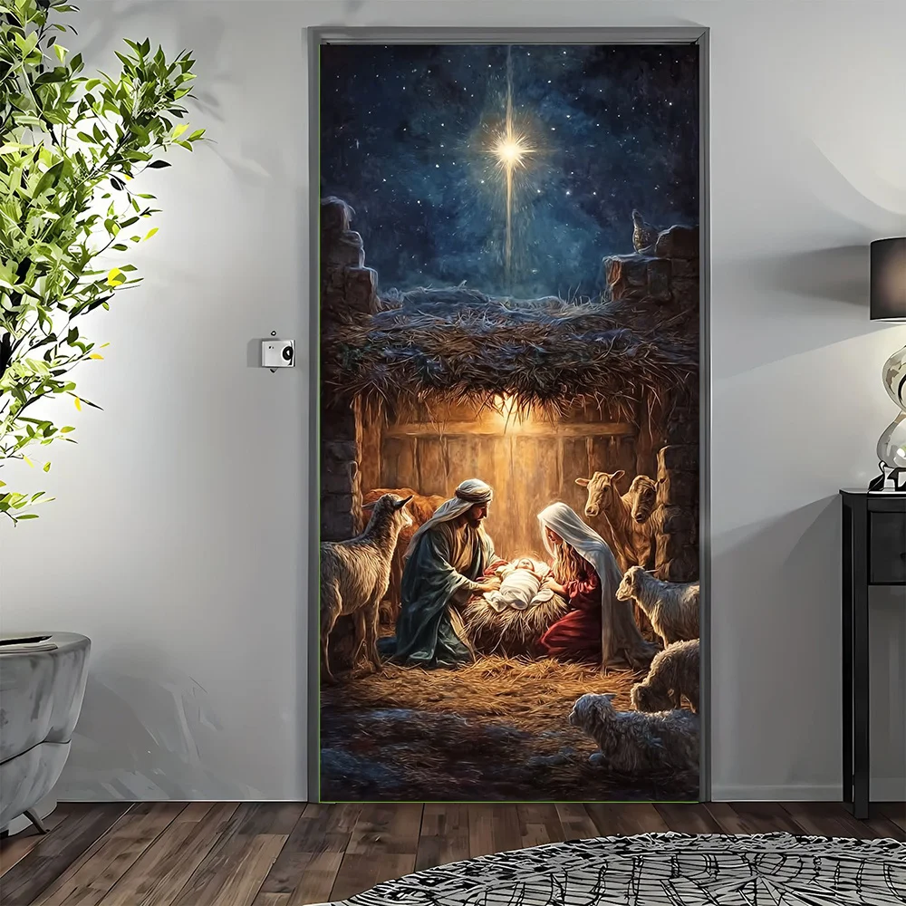 طائرة ثنائية الأبعاد، لافتة باب ثنائية الأبعاد، 1 لافتة باب بمشهد ثابت للميلاد - ماري، جوزيف ولادة يسوع - ألياف البوليستر #1