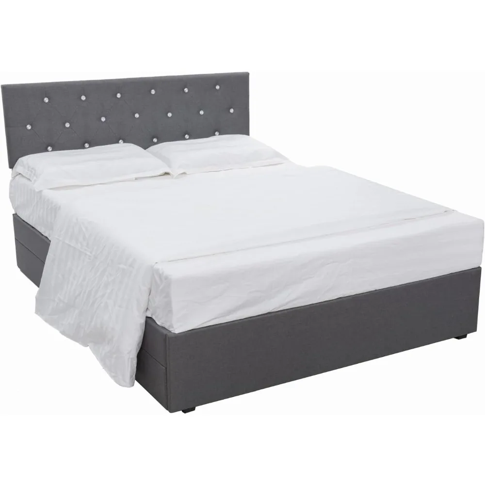 إطار سرير رمادي من قماش الكتان الحديث مقاس 72 × 80 مع لوح رأسي كريستالي، إطار سرير بمنصة منجدة مع 4 سحب تخزين