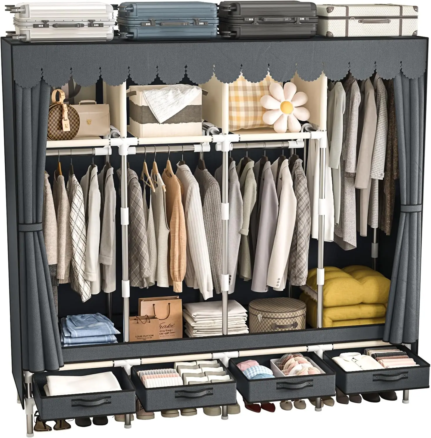 

Large Portable Wardrobe with 4 Hanging Rods and Drawers, Armoire, Metal Storage Wardrobe Hangers, Upgraded Grey Non-Woven Dus