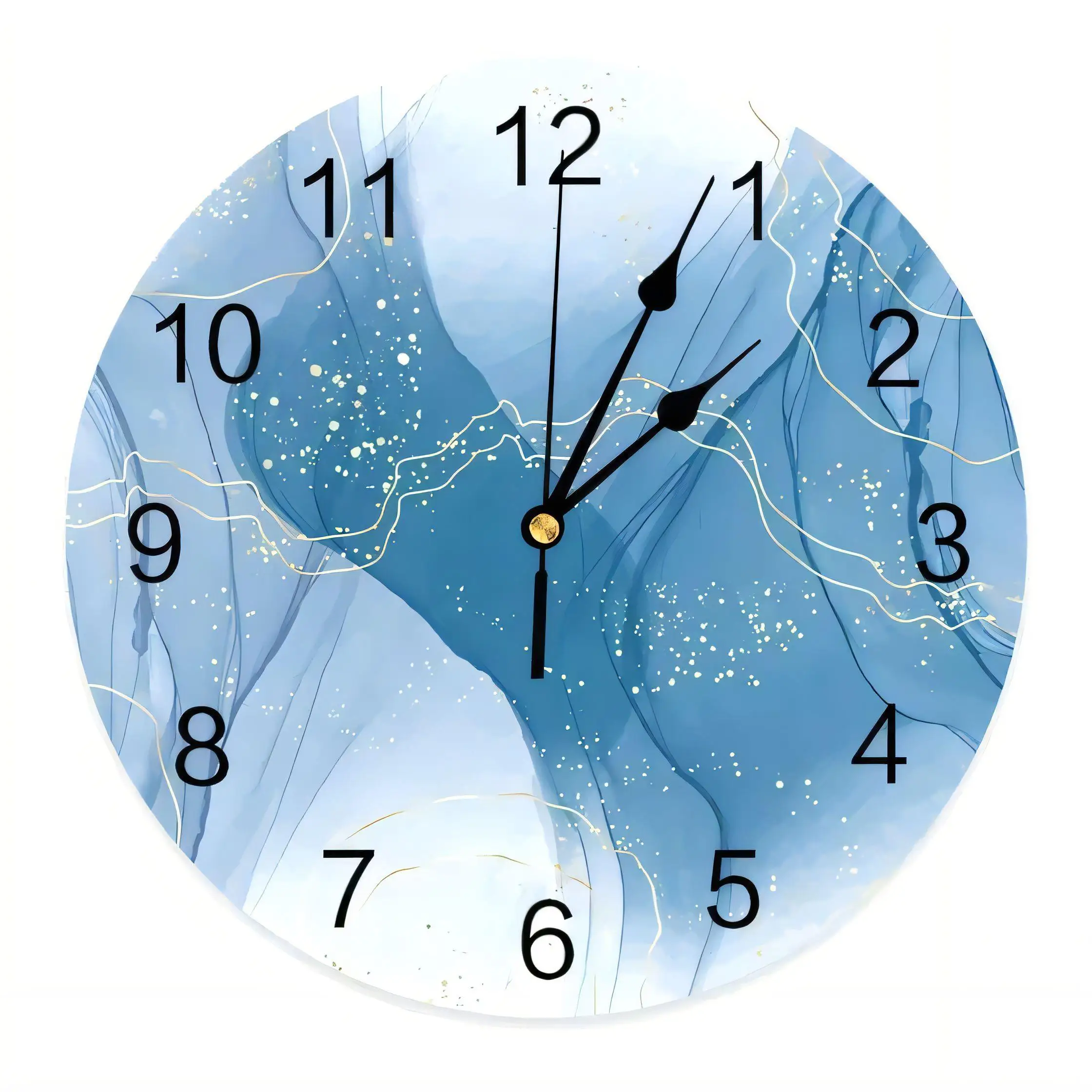 Modern Abstract Blue White Marble Wall Clock with Gold Hands  Decorative Silent Non Ticking Battery Operated Home Office Art