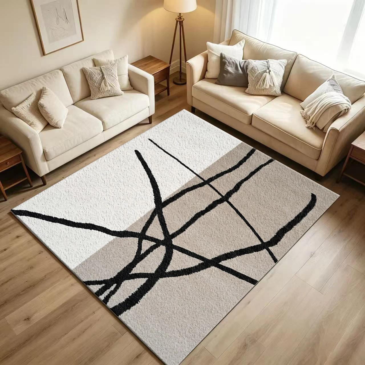 Beige White Black Line Abstract Area Rug Non Slip Washable Minimalist Modern Living Room Mat