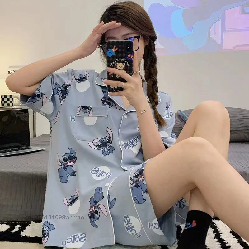 Disney-Stitch Love Pattern Pajamas Suit for Women, Cartoon Short Sleeved Shorts, Home Clothing, Cute, Y2k, New, Summer