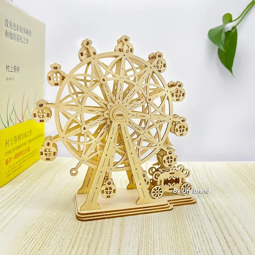 DIY Laser Cutting 3D Wooden Puzzle Ferris Wheel Carousel Mechanical Model Assembly Craft Kits Desk Decoration for Christmas Gift