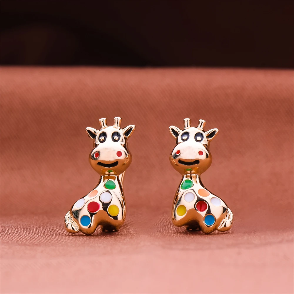 DCKAZZ Cute Giraffe Studs Earring lassic 585 Rose Gold Color Inlay Colorful Enamel Spot Fashion Animal Jewelry Woman Accessories