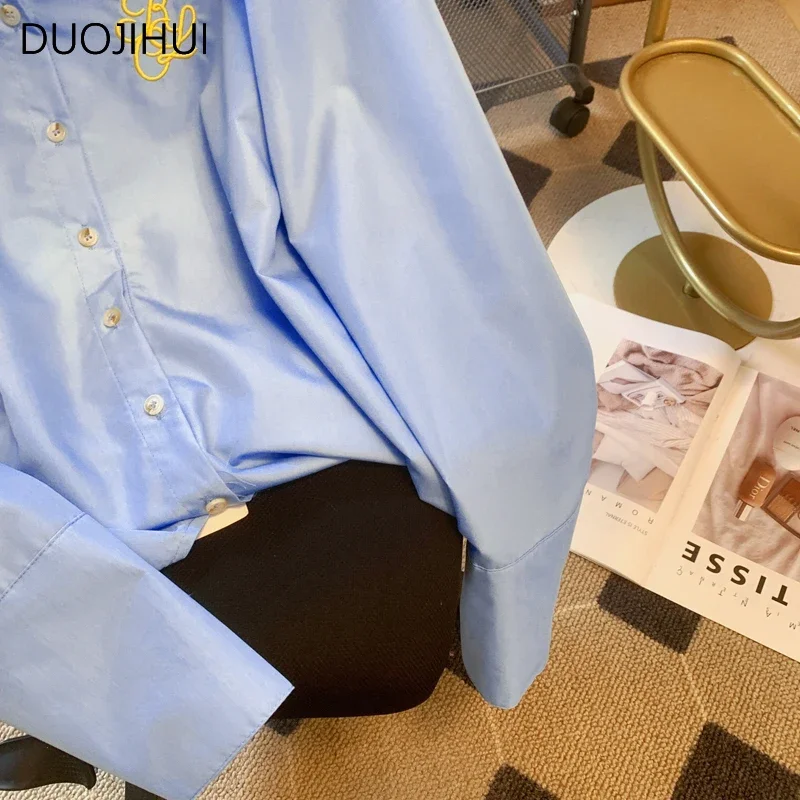 DUOJIHUI Blue Chic Embroidery Basic Polo Neck Women Shirt Spring New Elegant Office Lady Fashion Solid Color Simple Female Shirt