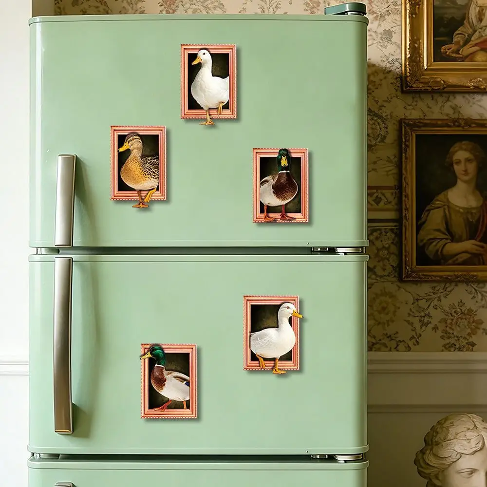 Oil Painting Style 3D Duck Refrigerator Magnets Art Print Vintage Wooden Frame Fridge Magnets Funny Photo Holder Magnet