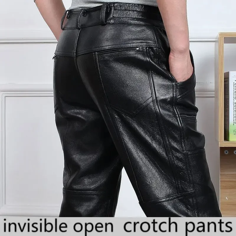 

Invisible Seamless Open-Seat Pants Fleece-Lined Thickened Leather Pants Men's Windproof, Waterproof and Warm Motorbike Outing