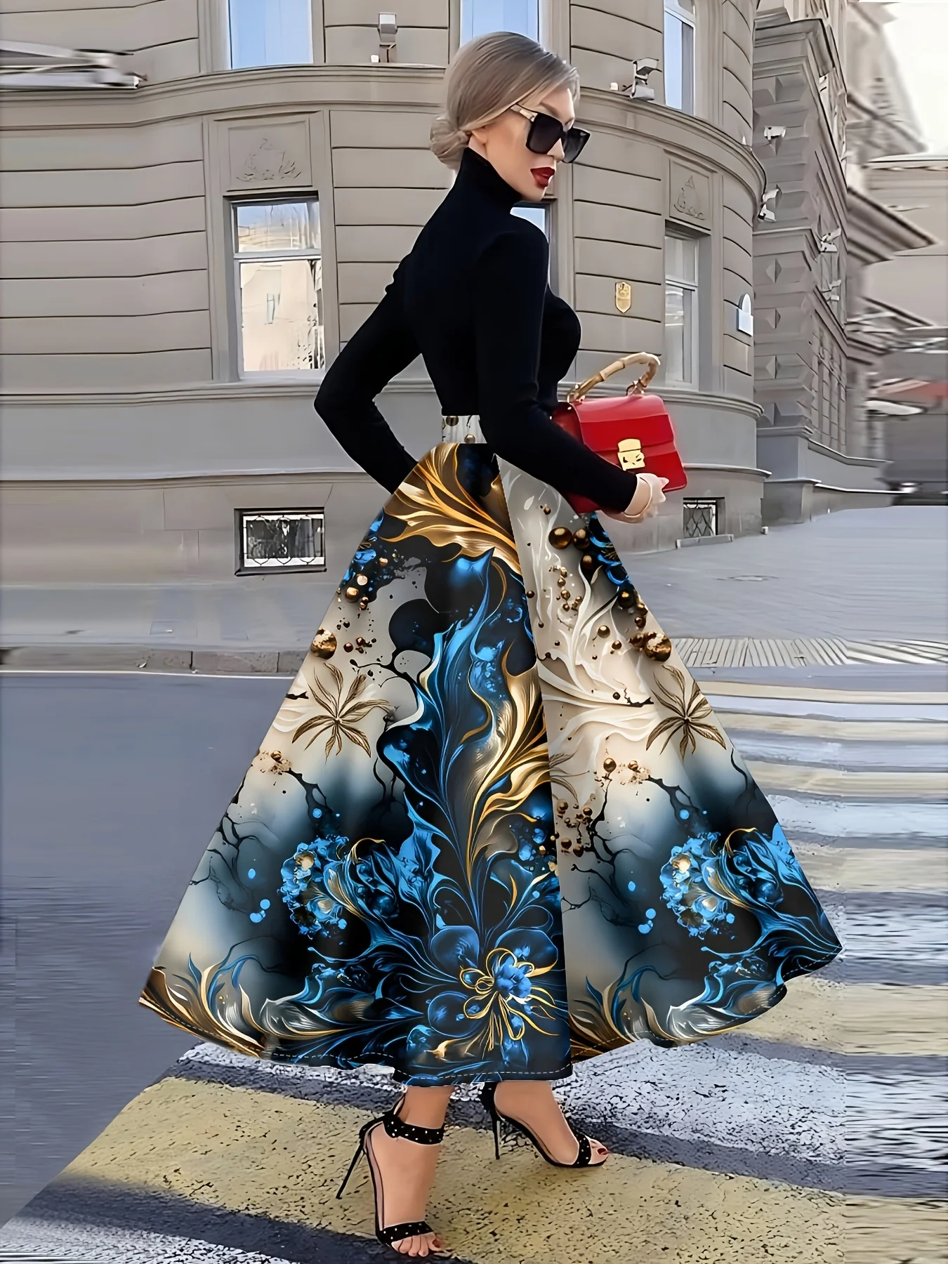 Casual Abstract Floral Print Midi Skirt for Women Blue and Gold Flower Pattern A-Line High Waist Summer Office Party Skirt