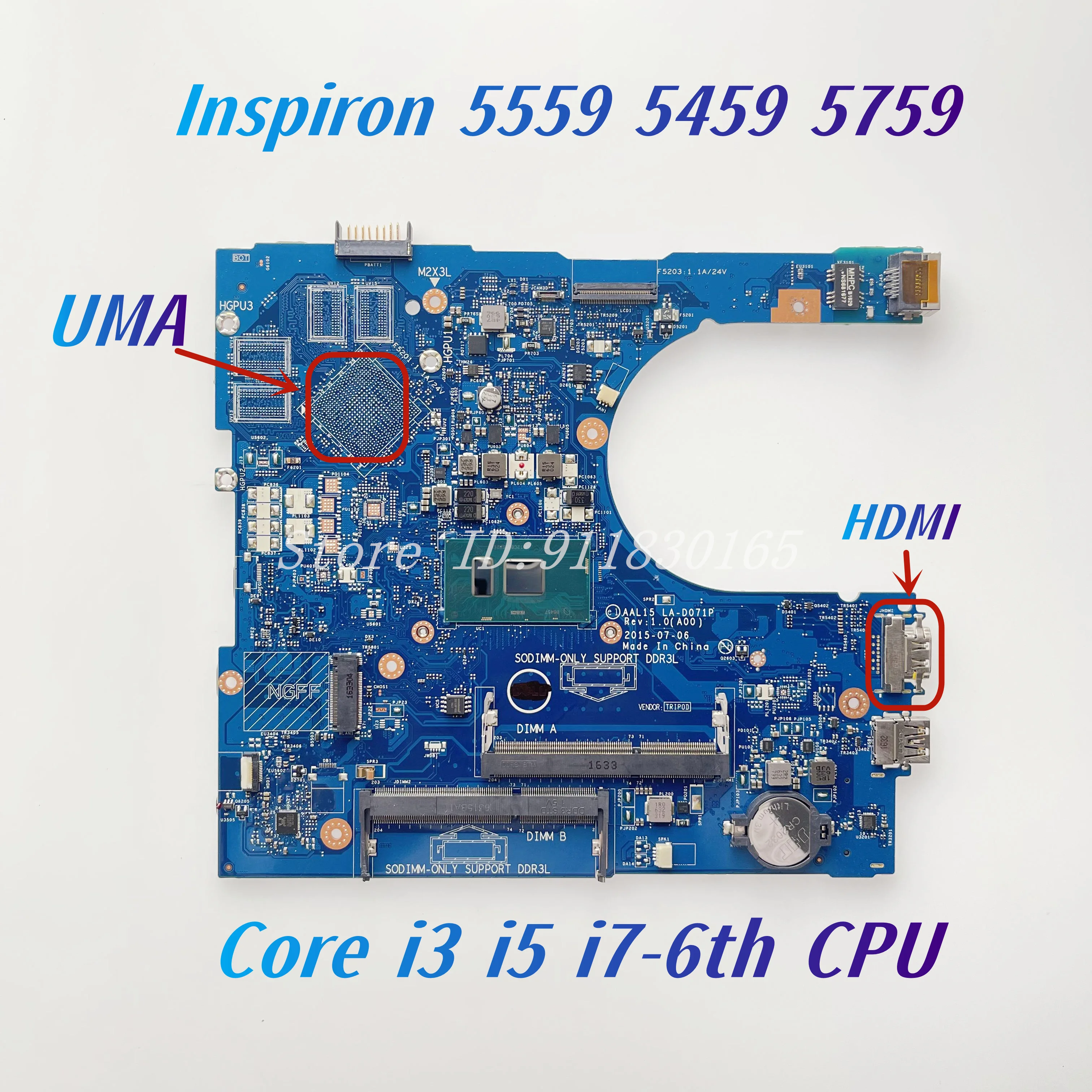 AAL15 LA-D071P CN-0FV59D For Dell Inspiron 5559 5459 5759 Laptop Motherboard With I3 I5 I7-6th CPU UMA DDR3L Mainboard 100% Work