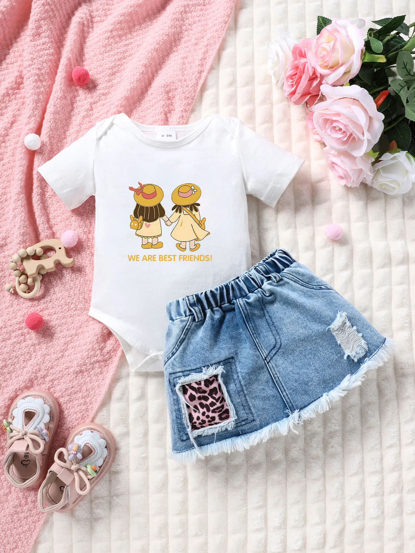 Summer Infant Girl's Outfit Set 'We Are Best Friends!' Theme Short Sleeve Romper + Patchwork Leopard Print Denim Mini Skirt 2-Pi