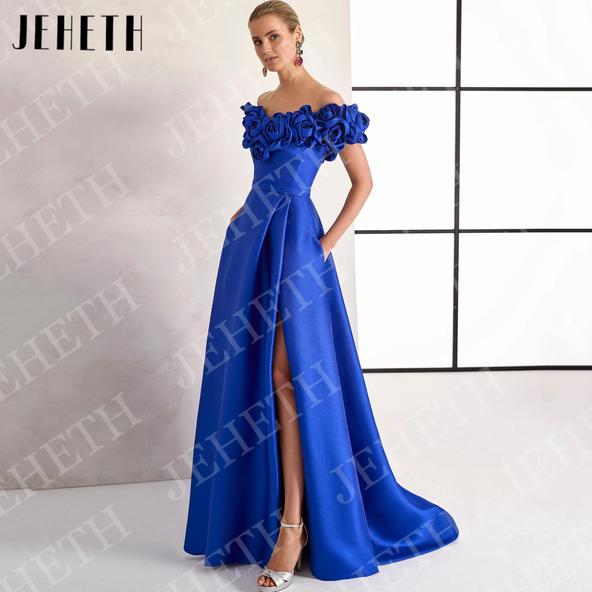 JEHETH Off Shoulder 3D Floral Evening Dress Woman Formal Royal Blue Satin High Slit A Line Prom Dresses with Pockets Customized