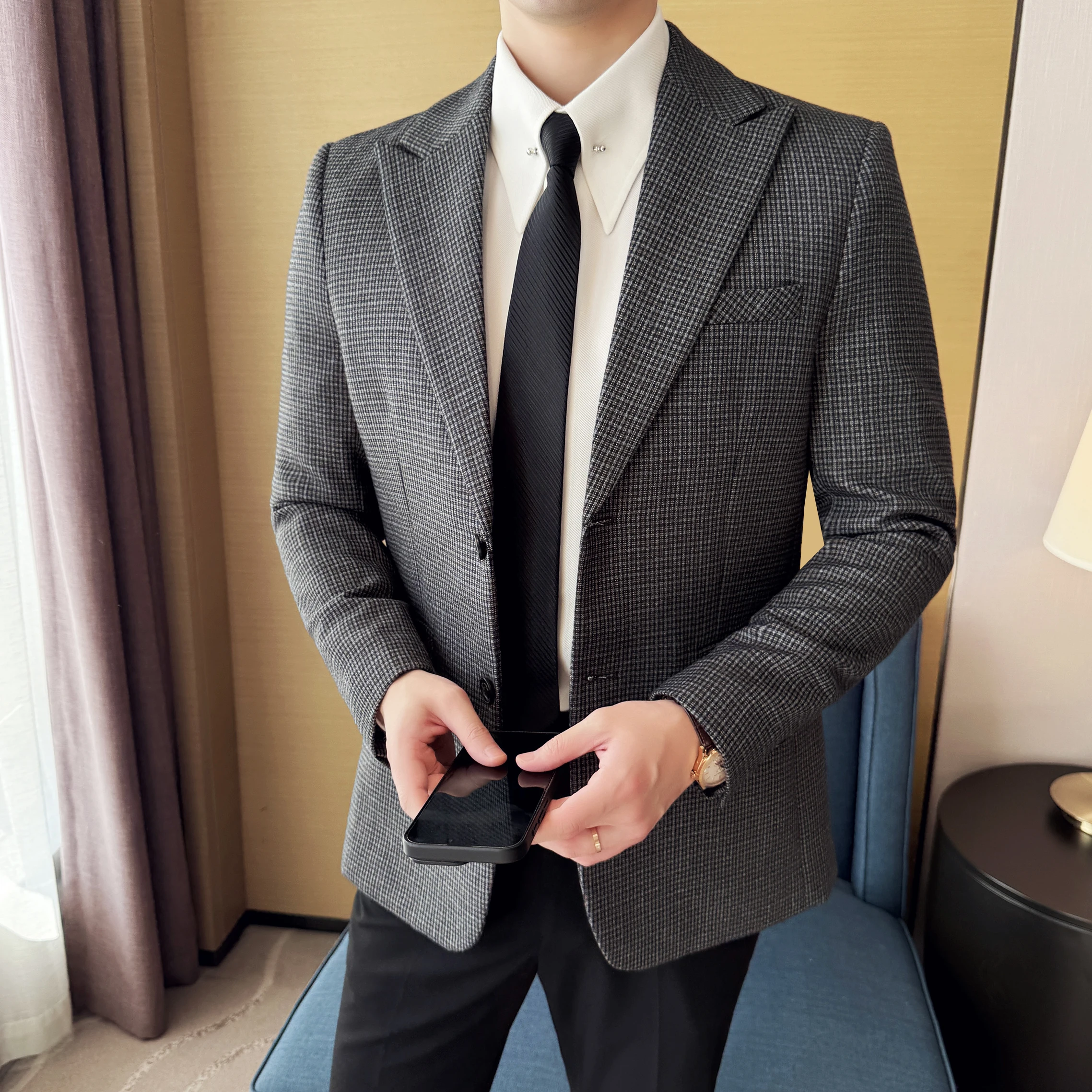 

Блейзер с узором «гусиные лапки» Hombre, качественный деловой повседневный деловой костюм, пальто, мужская одежда, облегающие повседневные мужские пиджаки 2025, куртки