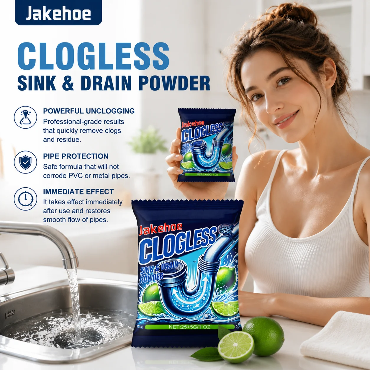 Jakehoe Sink Drain Cleaner Powder Lemon Odor Eliminator Pipe Dredging Bathroom Kitchen Clogged Prevention Drain Pipe Cleaner 30g