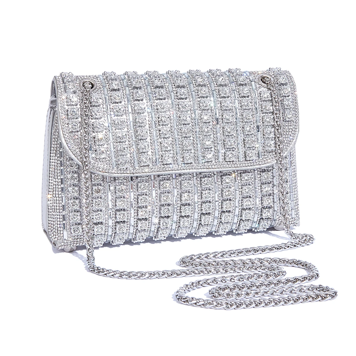 Full Rhinestone Women\'s Chain Bag Casual Silver Crossbody Bag Color Shoulder Bag Fashion Mobile Phone Bag Party Clutch Bag