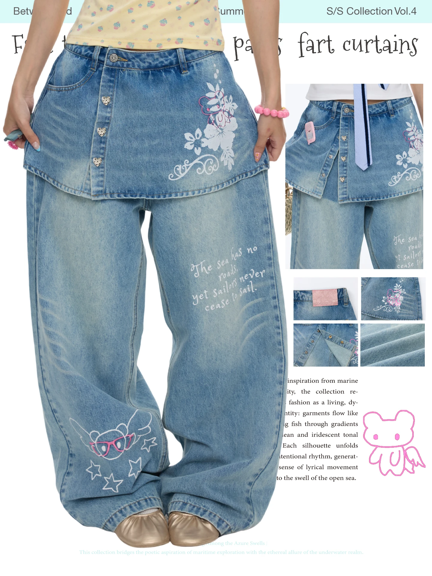 Slimming Washed Blue Denim Skirt Pants Summer Season Ladies Comfortable Natural Waist Loose Fit Printed Pattern Betweenand
