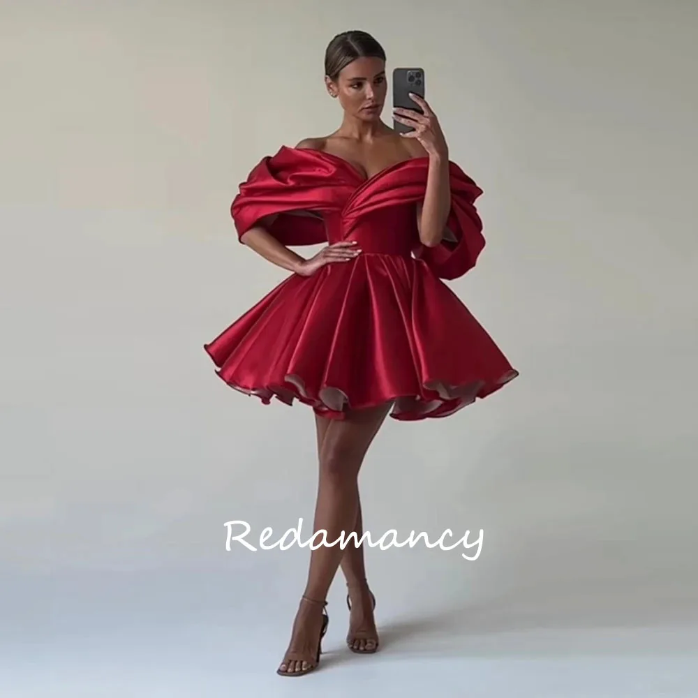 Redamancy Short Prom Dress Red Off The Shoulder Above Knee Satin Formal Evening Gowns Girl Vestidos De Graduación Party Dress