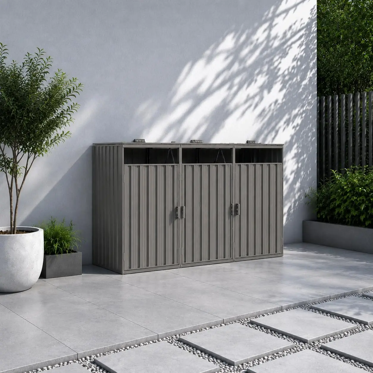 Outdoor Trash Can Storage, Storage Shed for 3 Trash cans and Tools,Waterproof Garbage Bin shed,Metal Trash Can Storage Shed