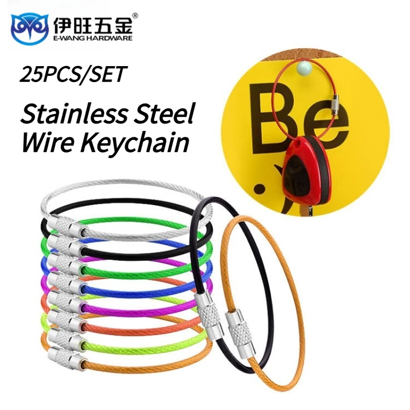25PCS/Set Colorful Stainless Steel Wire Keychain Cable Loop Screw Lock Rope Ring For DIY Jewelry Luggage Tag Camping Accessories