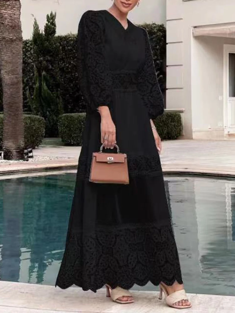 Vgh-女性のための花柄の刺繍入りカットアウトドレス,新しいファッション,ラペルランタンスリーブ,ハイウエスト,無地,エレガント,ファッショナブル