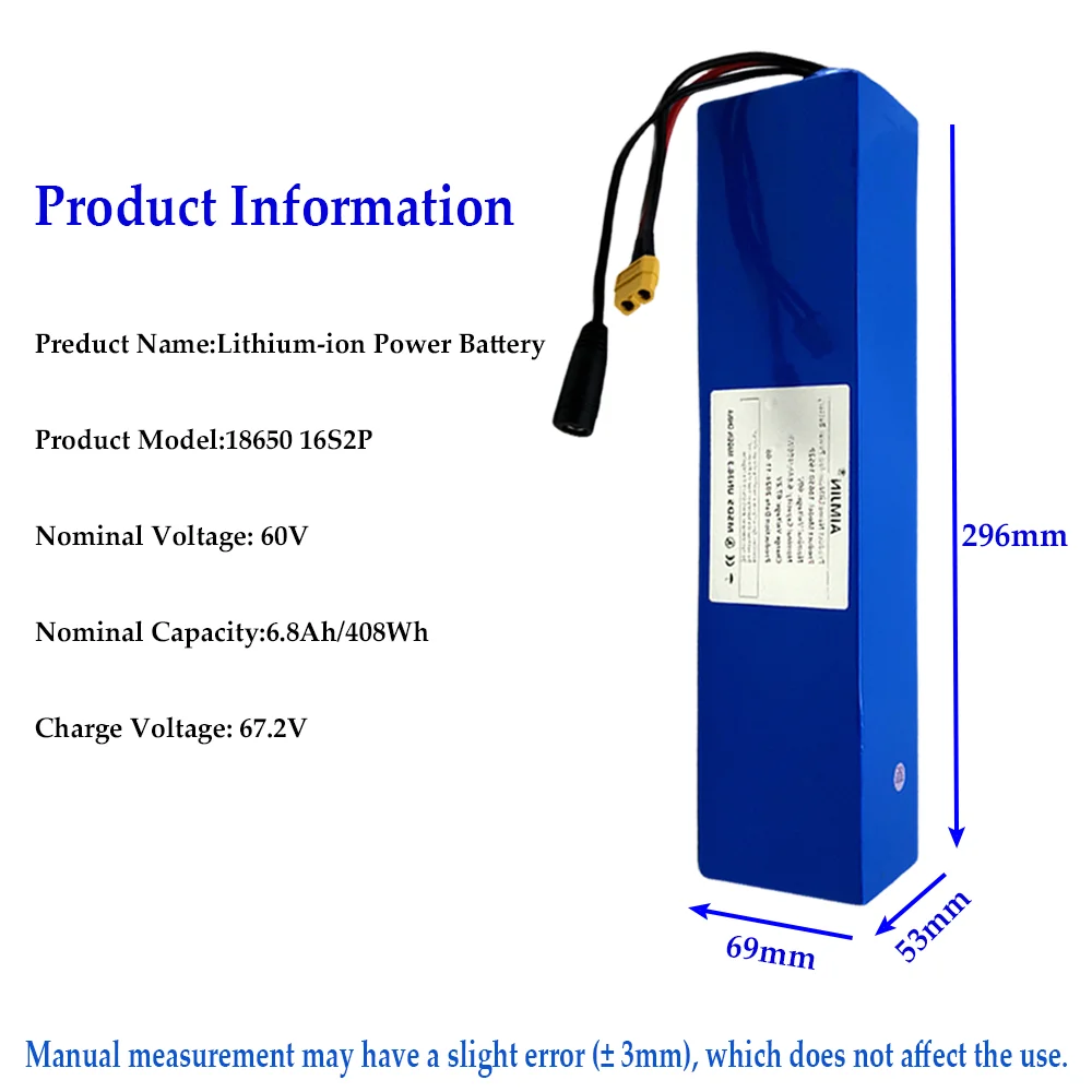 Lithium battery pack 16S2P 60V 6800mAh for electric scooter refitting high-capacity mountain bike batteryt