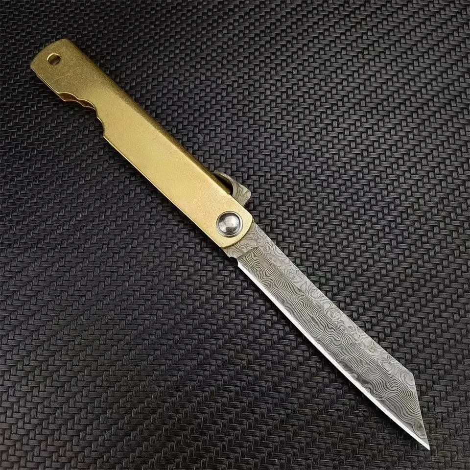 Hot selling portable fishing outdoor tool knife, Damascus mini tactical copper handle manual folding knife, jungle survival