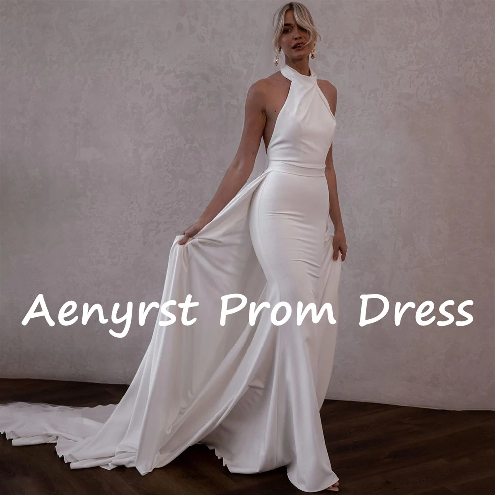 Aenyrst-simples Halter sereia vestidos de casamento, vestidos de noiva elegantes, cetim Bodycon Voltar Aberta, até o chão