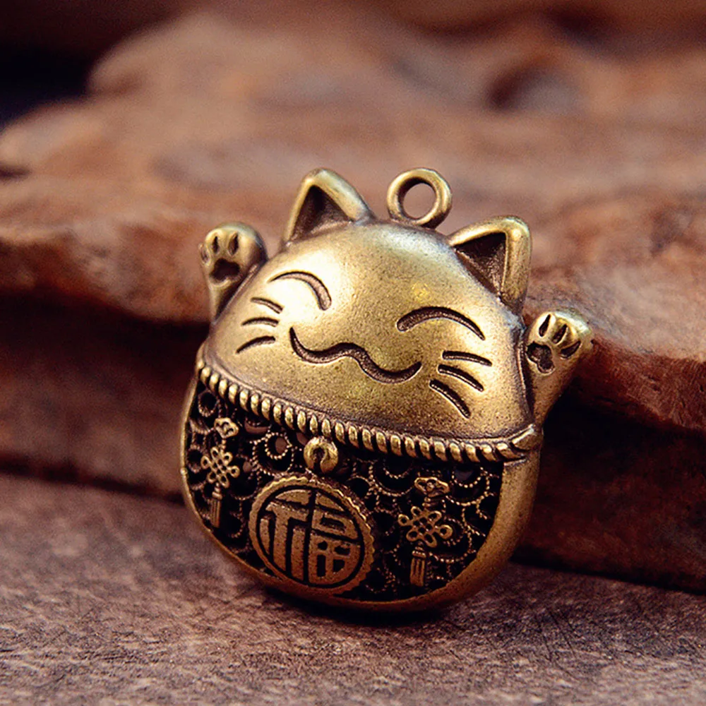 Glücksbringer Katzen-Schlüsselanhänger aus Messing, Feng Shui Zhaocai Reichtumsbringer, DIY Retro Hängeornamente – Detail 2