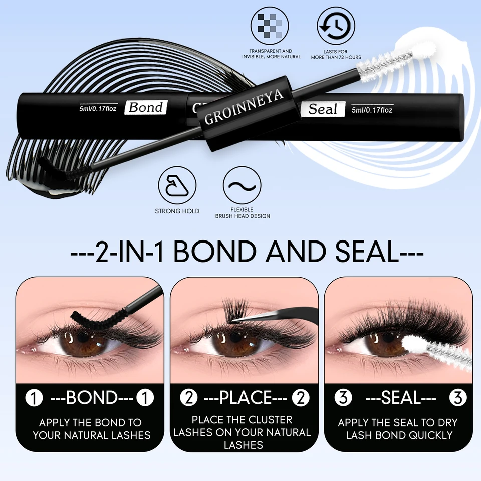 Kit de racimos de pestañas GROINNEYA con fijación fuerte resistente al agua, kit de extensiones de pestañas DIY con adhesivo y sellador y pinzas para pestañas 5
