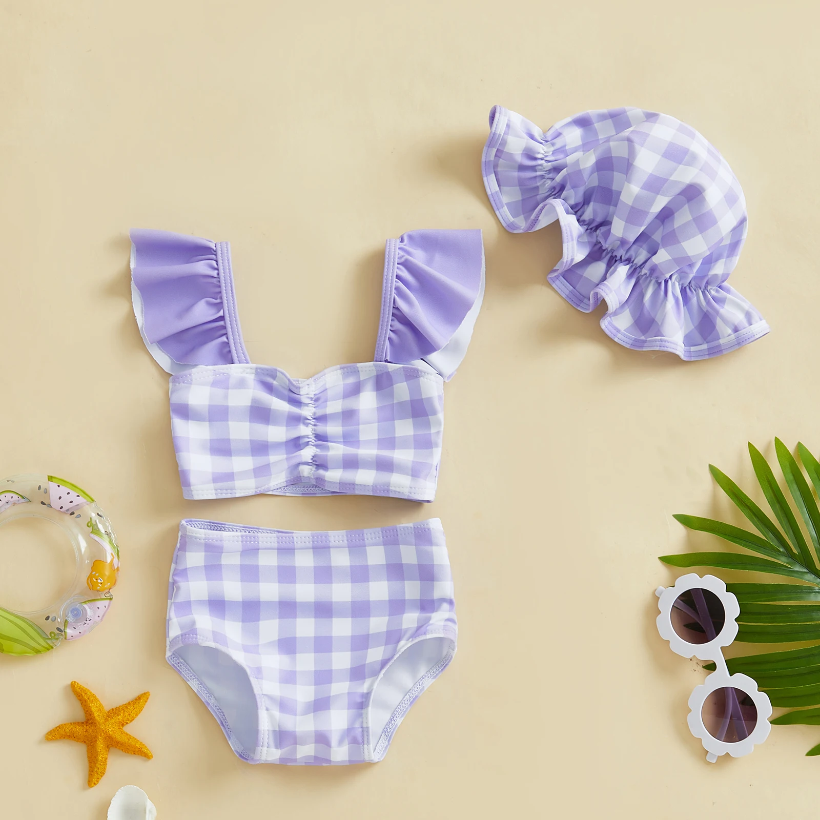 Toddler Girl Bikini Set Swimsuit Plaid Print Flutter Sleeves Tank Tops with Shorts and Hat Bathing Suit 3 Pcs Beachwear