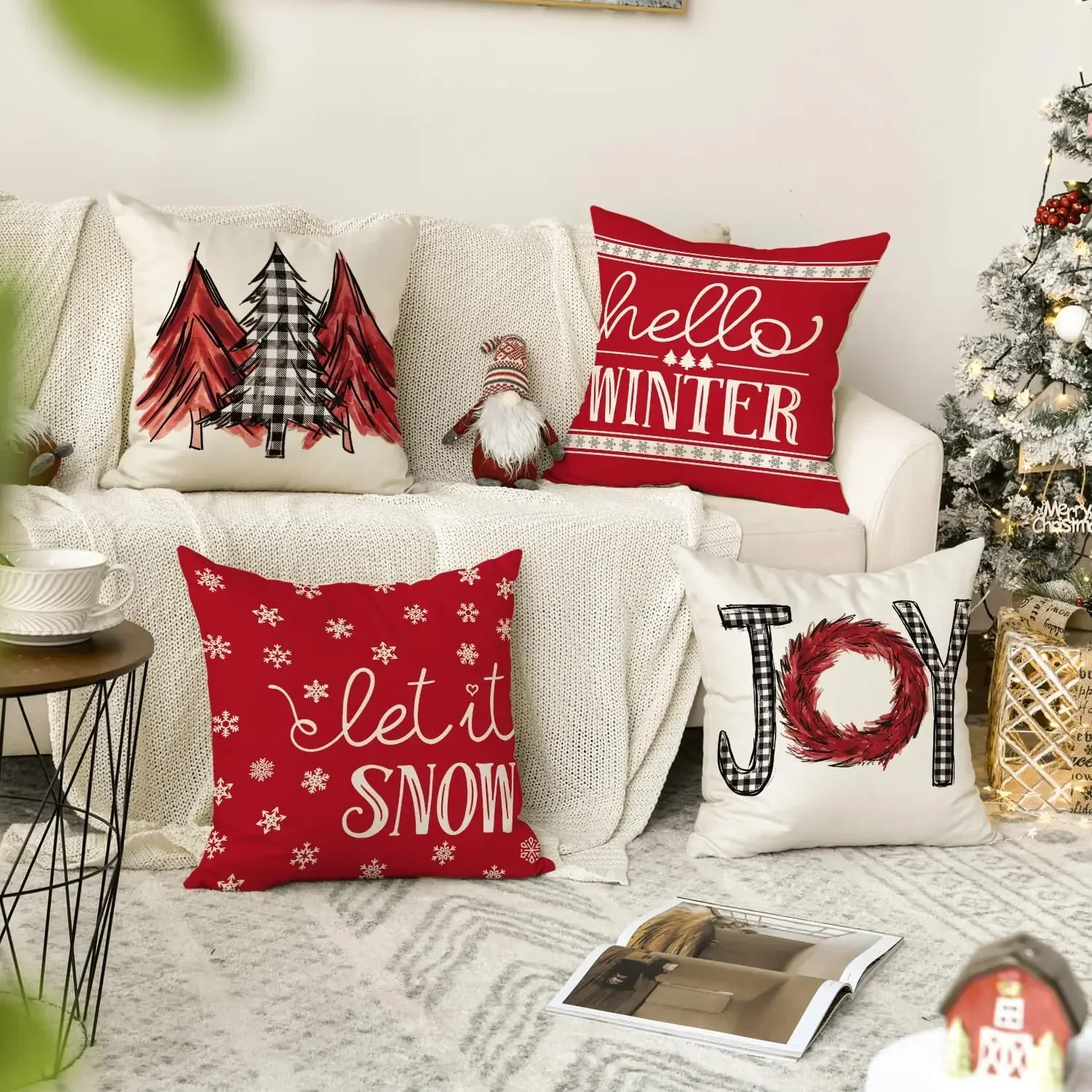 Merry Christmas Trees Mottos Red Throw Pillow Covers, Hello Winter Let it Snow Holiday Cushion Case Decoration for Sofa Couch