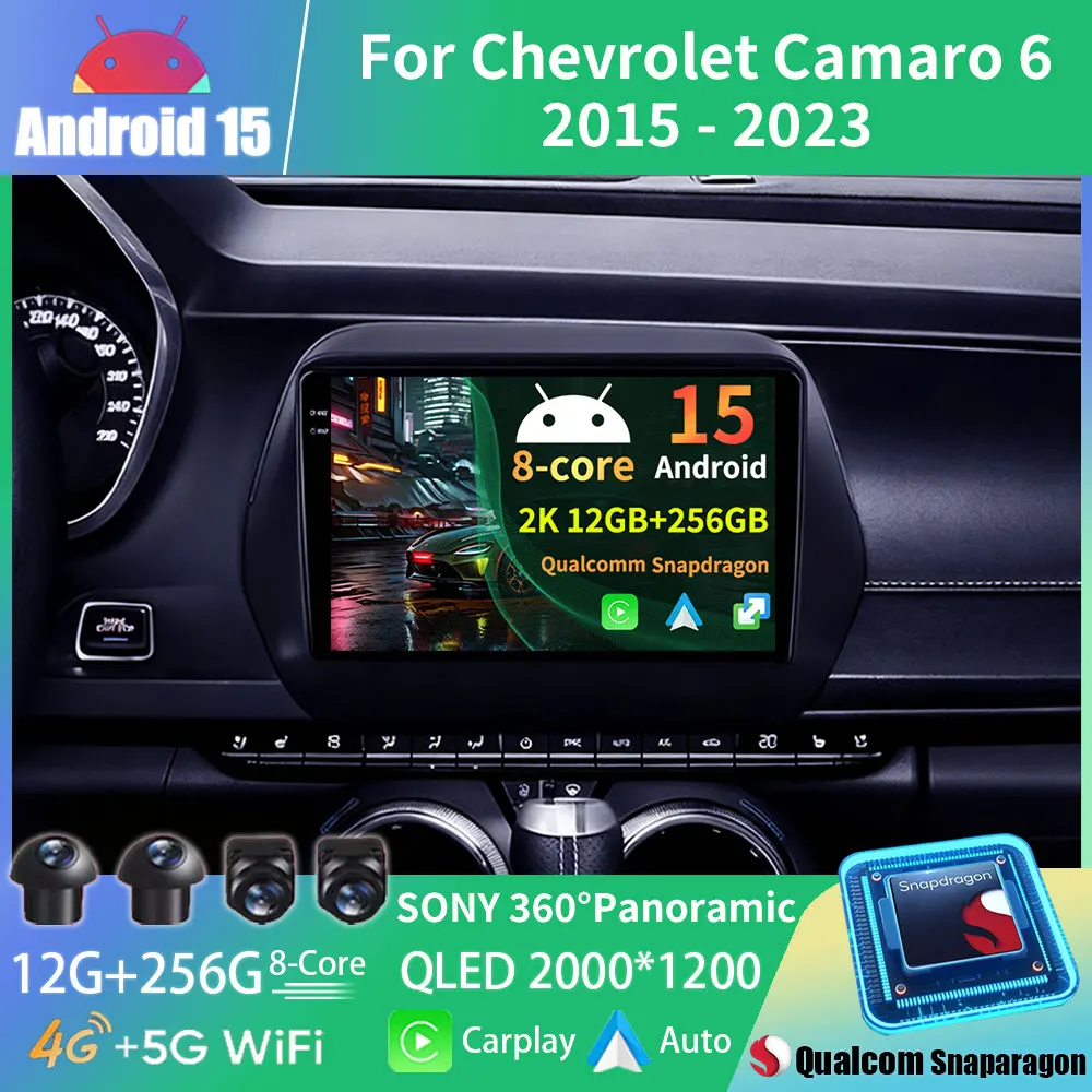 2K Screen For Chevrolet Camaro 6 2015 - 2023 Car Radio Wireless Carplay 4G+WIFI DSP Navigation Android 15 360 Camera Multimedia