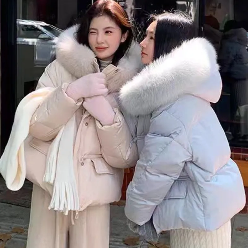 

Sweet Hooded Long Sleeves Drawstring Cotton-padded Jacket Women Parka Winter 2025 New Short Loose All Match Outerwear