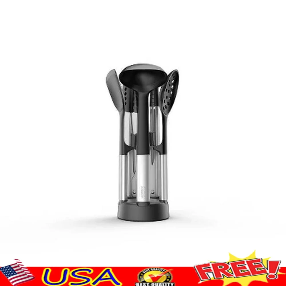 

5pc Silicone Kitchen Utensil Set with Storage Stand Heat-Resistant Dishwasher-Safe Stainless Steel Tools Non-Stick Cookware
