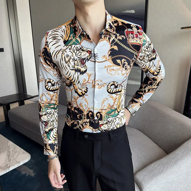 

Fashion Trendyol Men High Quality Vintage Slim Fit Shirts Tiger Print Long Sleeve Social Formal Shirt Nightclub Luxury Male Tops