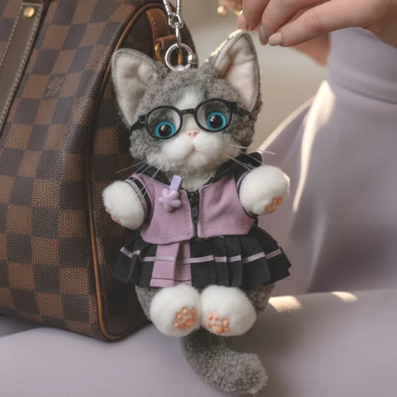 Plush Cat Keychain Realistic Devon Cat Doll Bag Charm Soft Stuffed Animal Pendant Women Handbag Accessories