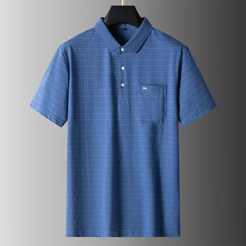 8XL 7XL 6XL 2024 New Summer 100% Cotton Breathable Short Sleeve Striped T-shirt Mens High End Brand Polo Shirt Casual Men's Wear