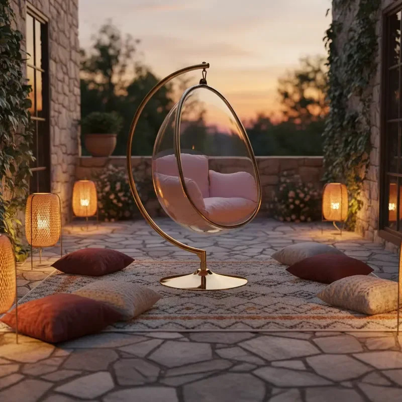 Clear Acrylic Bubble Swing Chair Golden Stainless Steel Stand Gold Silver Hanging Egg Design Waterproof Outdoor Furniture