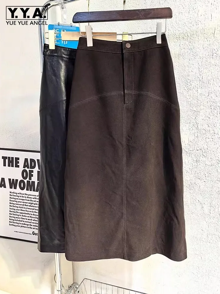 Elegant Ladies Autumn New Back Split Wrap Skirt Mid Calf Long Soft Sheepskin Genuine Leather Skirts Women Vintage Slim Fit Skirt