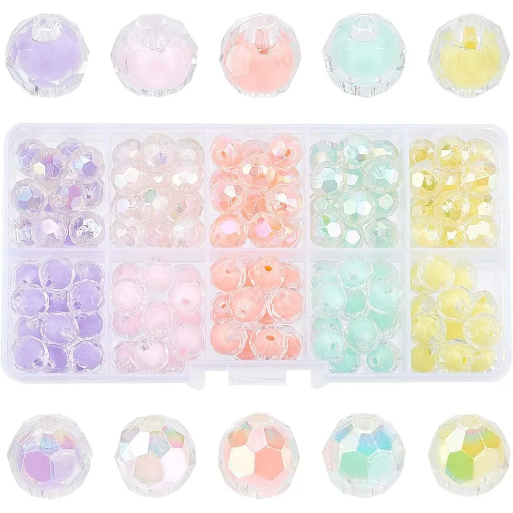 120pcs Acrylic Round Beads 10 Styles 9.5mm Faceted Spacer Beads 5 AB Colors Transparent Craft Beads for Hair Braids Phone