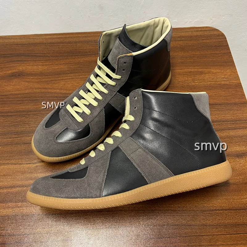 Men Retro German Trainer High Top Sneakers, Leather Mixed Color Lace-up Ankle Shoes, Gum Rubber Sole Vintage Casual Street Shoes