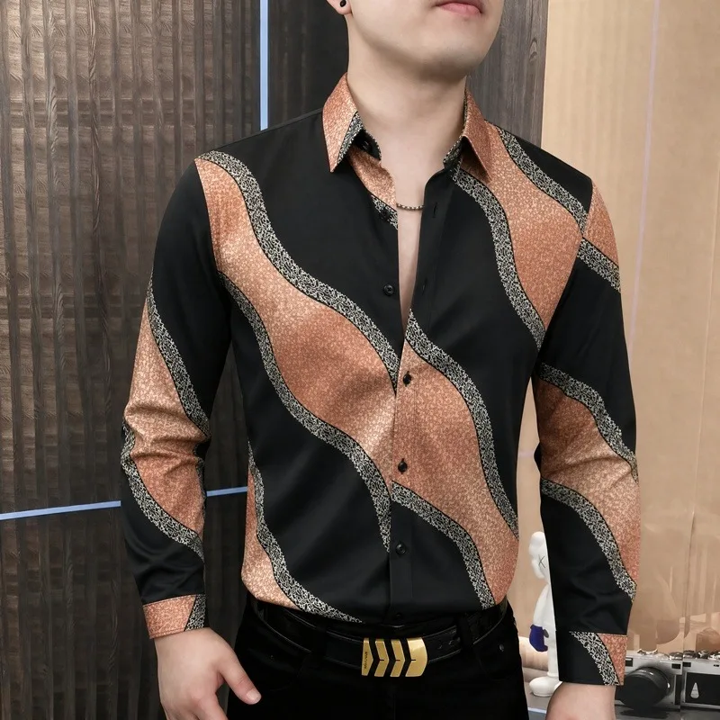 Wave Striped Long Sleeved Shirt for Men Slim Fit Trendy Versatile Shirt Casual Business Social Shirts Streetwear Men Clothing
