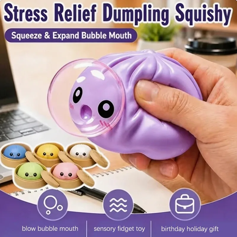 Cute Bubble Blowing Bun Squeeze Fidget Toy, Multicolor Steamed Bun Decompression Squishy Sensory Toy to Stress Relief Present