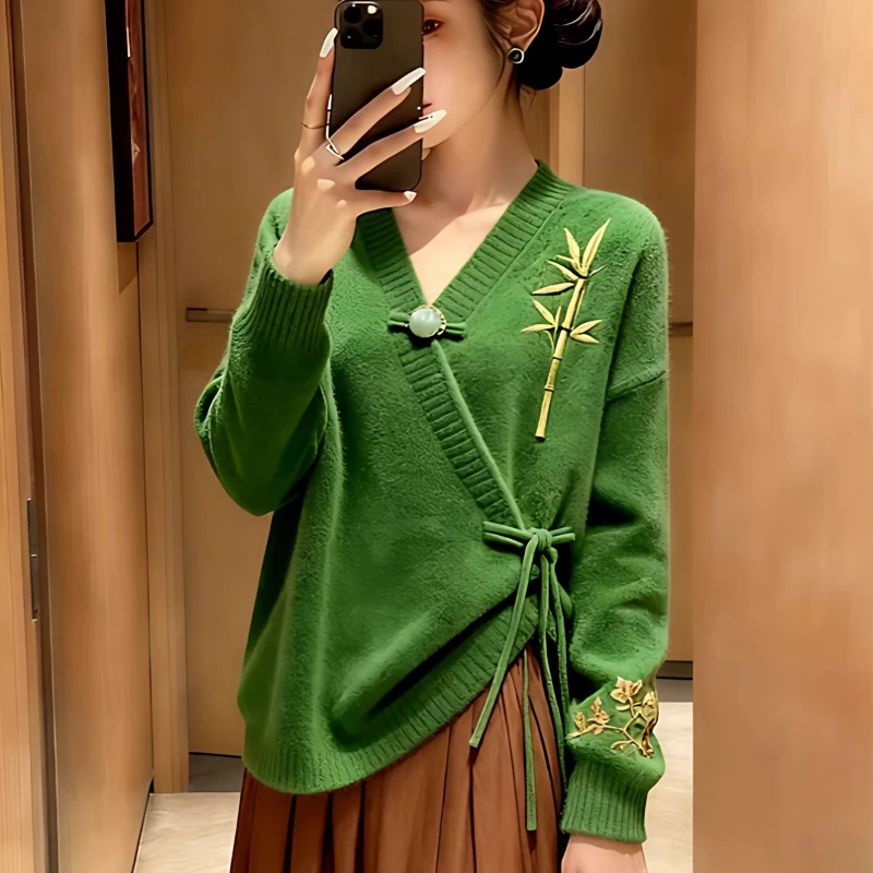 

2025 зима-осень женский вязаный зеленый свитер с v-образным вырезом и вышивкой, женские винтажные свободные свитера на пуговицах