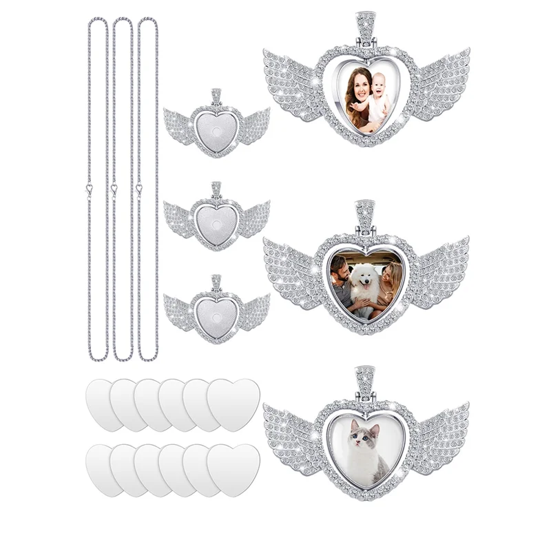AB46-24Pcs مجموعة قلادة صواني حجر الراين التسامي، 6 صواني إطار فارغة، 6 قطع سلاسل مع 12 قرص