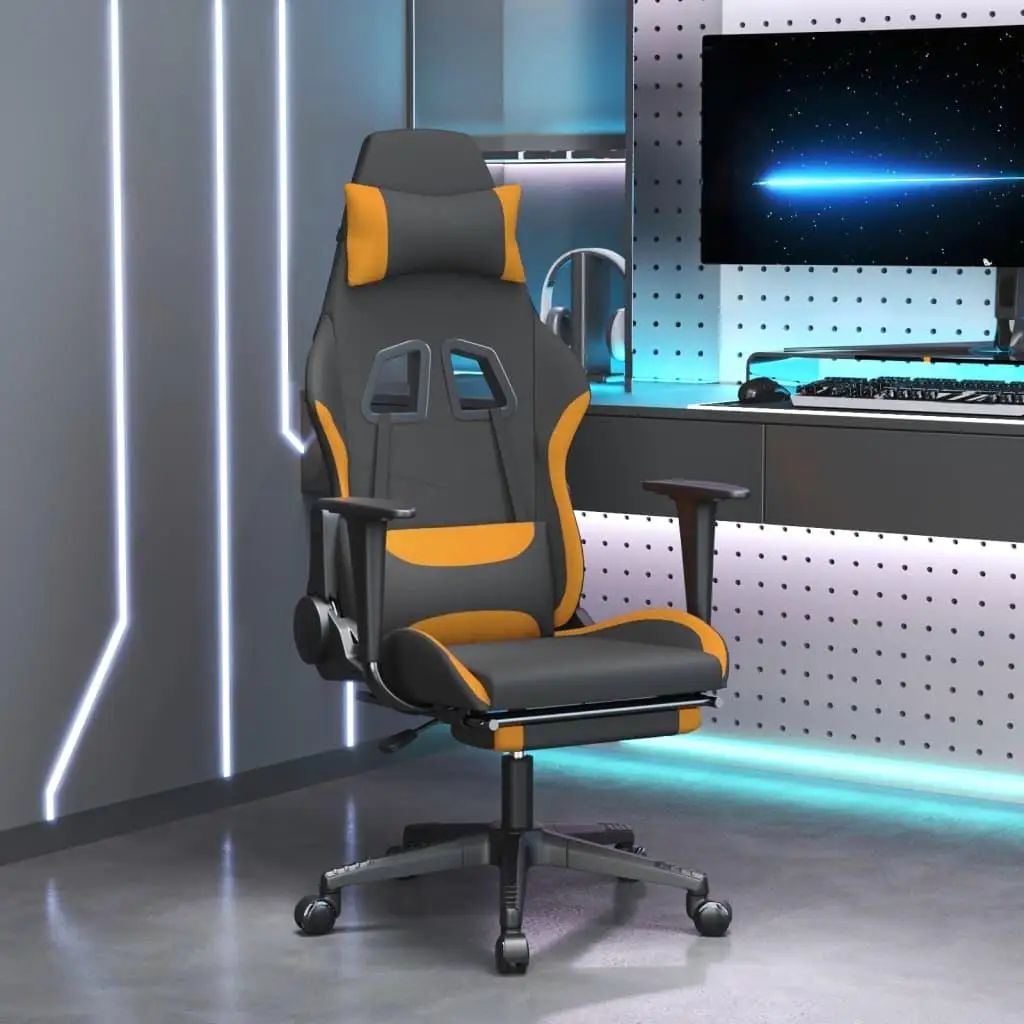 Ergonomic Massage Gaming Chair with Footrest - Stylish Black & Orange Fabric Design