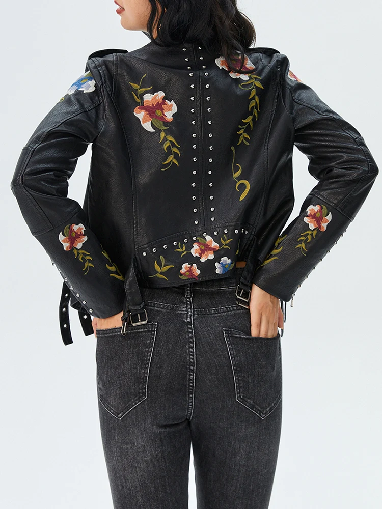 Ailegogo Spring Autumn Women Retro Short Floral Print Embroidery Pu Faux Leather Jacket Streetwear Female Zipper Coat Outwear