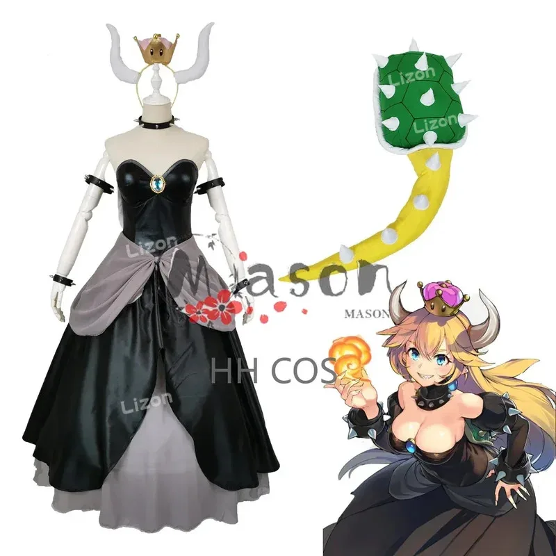 Bowsette Princess Bowser Peach Saber Lily Cosplay Costume Dress Set with Horn and Turtle Shell Halloween Costumes for Women