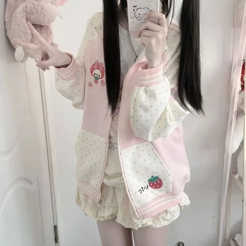 Japanisches Süßes Erdbeer-Schokoladen-Design Original Niedliches Frühlings-Sweatshirt mit Matrosenkragen und Reißverschluss für Damen, Süße Anime-Subkultur-Oberteile