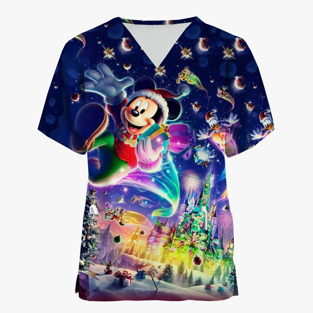 T-shirt uniforme da infermiera per la cura delle donne Disney Mickey Mouse Minnie print Christmas Printed manica corta Holiday Pattern Workwear Blous